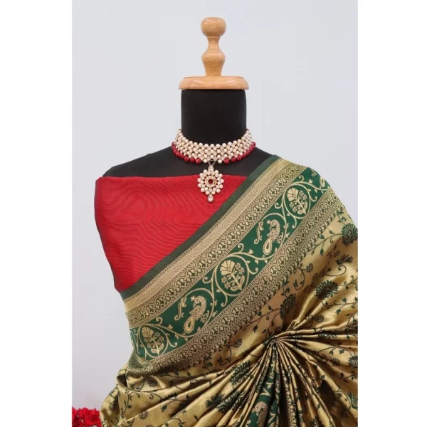 Generic Women's Banarasi Printed Saree With Unstitched Blouse 5.5Mtr (Golden) - Image 3