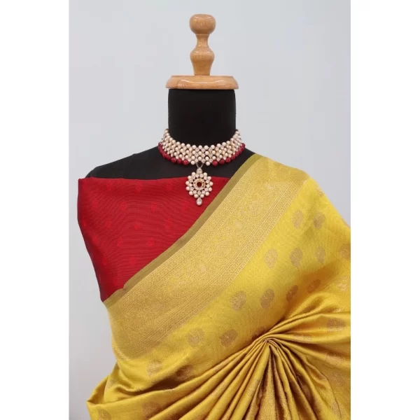 Generic Women's Banarasi Printed Saree With Unstitched Blouse 5.5Mtr (Yellow) - Image 2