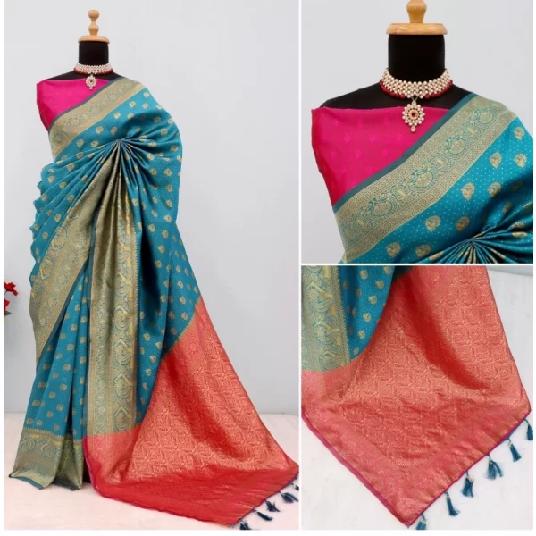 Generic Women's Banarasi Printed Saree With Unstitched Blouse 5.5Mtr (Aqua Blue) - Image 2