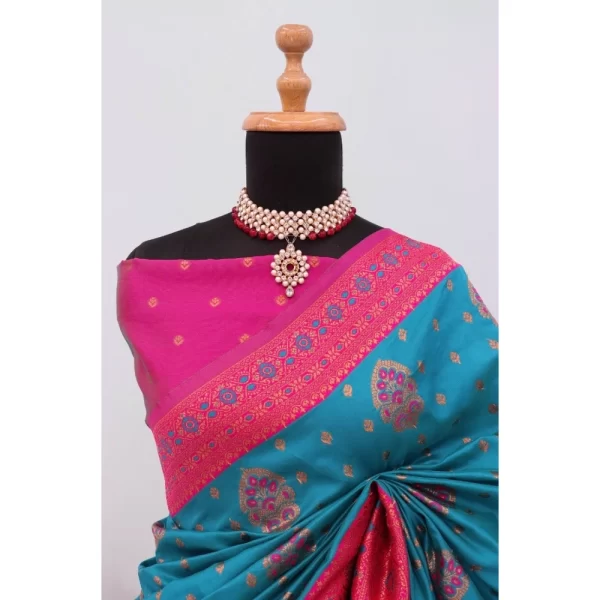 Generic Women's Banarasi Printed Saree With Unstitched Blouse 5.5Mtr (Aqua Blue) - Image 2