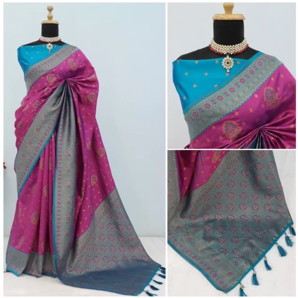 Generic Women's Banarasi Printed Saree With Unstitched Blouse 5.5Mtr (Purple) - Image 3