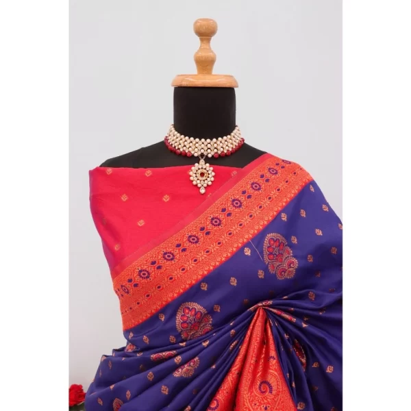 Generic Women's Banarasi Printed Saree With Unstitched Blouse 5.5Mtr (Navy Blue) - Image 3
