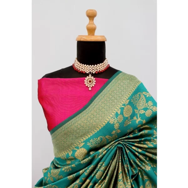 Generic Women's Banarasi Printed Saree With Unstitched Blouse 5.5Mtr (Rama) - Image 2