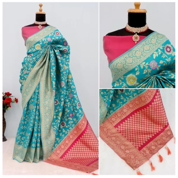 Generic Women's Banarasi Printed Saree With Unstitched Blouse 5.5Mtr (Rama) - Image 3