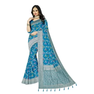 Generic Women's Banarasi Printed Saree With Unstitched Blouse 5.5Mtr (Aqua Blue)