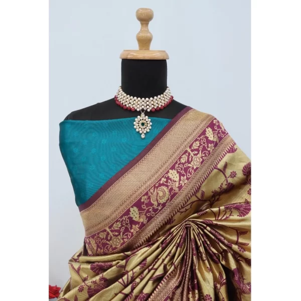Generic Women's Banarasi Printed Saree With Unstitched Blouse 5.5Mtr (Golden) - Image 2