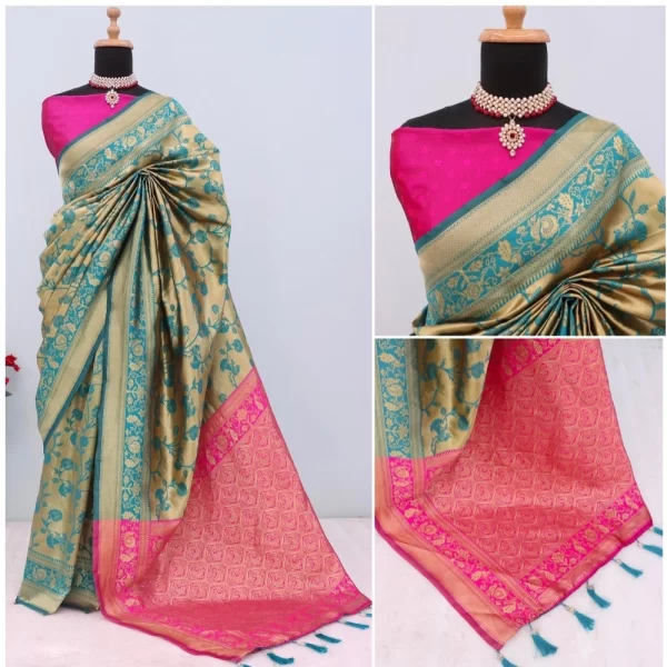 Generic Women's Banarasi Printed Saree With Unstitched Blouse 5.5Mtr (Golden) - Image 3