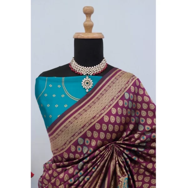 Generic Women's Banarasi Printed Saree With Unstitched Blouse 5.5Mtr (Purple) - Image 2