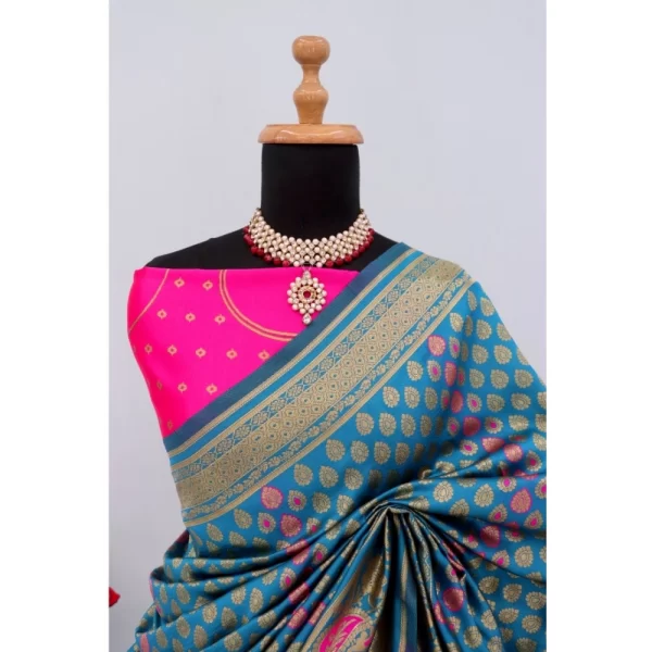 Generic Women's Banarasi Printed Saree With Unstitched Blouse 5.5Mtr (Aqua Blue) - Image 2