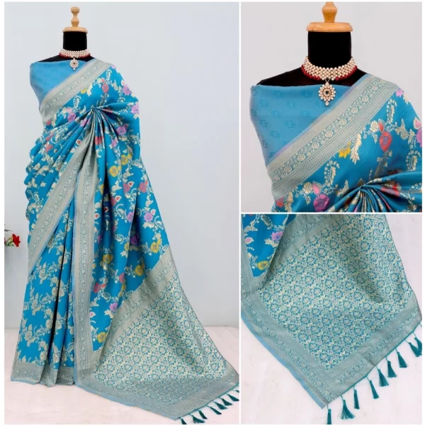 Generic Women's Banarasi Printed Saree With Unstitched Blouse 5.5Mtr (Aqua Blue) - Image 3