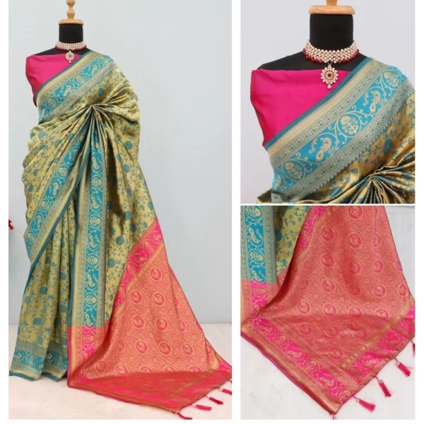 Generic Women's Banarasi Printed Saree With Unstitched Blouse 5.5Mtr (Golden) - Image 3