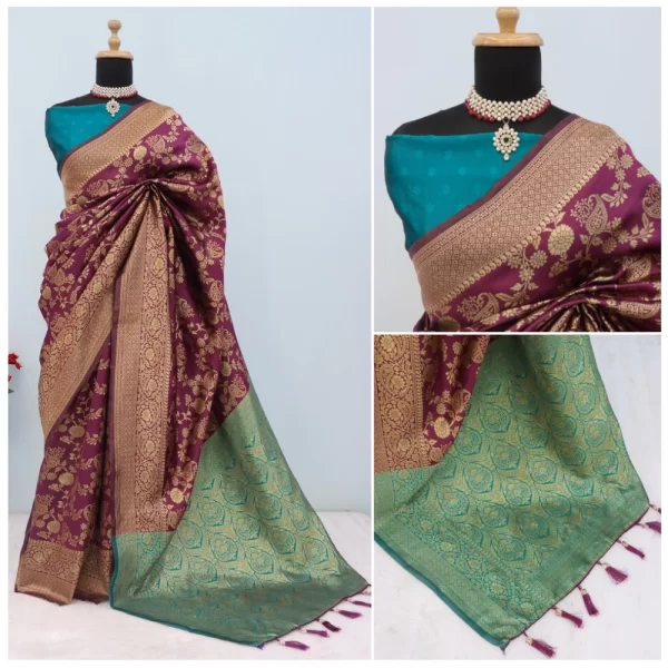 Generic Women's Banarasi Printed Saree With Unstitched Blouse 5.5Mtr (Purple) - Image 2