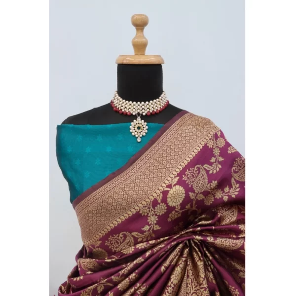 Generic Women's Banarasi Printed Saree With Unstitched Blouse 5.5Mtr (Purple) - Image 3