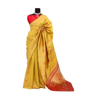 Generic Women's Banarasi Printed Saree With Unstitched Blouse 5.5Mtr (Yellow)