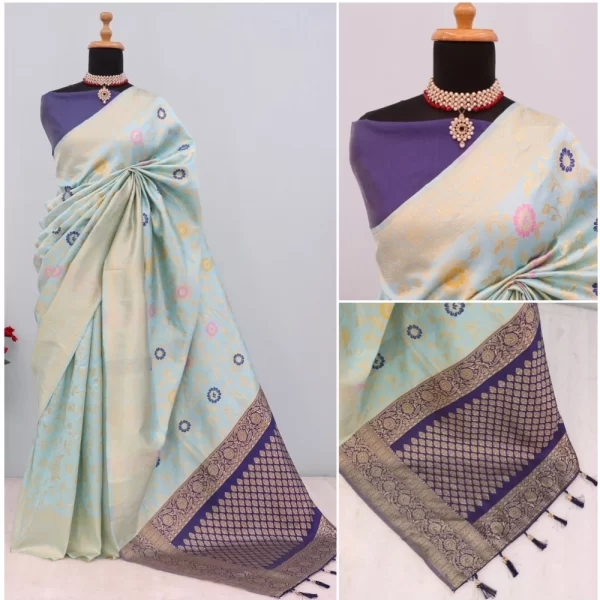 Generic Women's Banarasi Printed Saree With Unstitched Blouse 5.5Mtr (Firozi) - Image 3