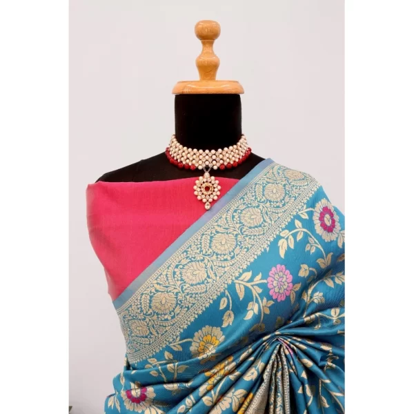 Generic Women's Banarasi Printed Saree With Unstitched Blouse 5.5Mtr (Aqua Blue) - Image 3