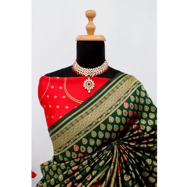 Generic Women's Banarasi Printed Saree With Unstitched Blouse 5.5Mtr (Green) - Image 2