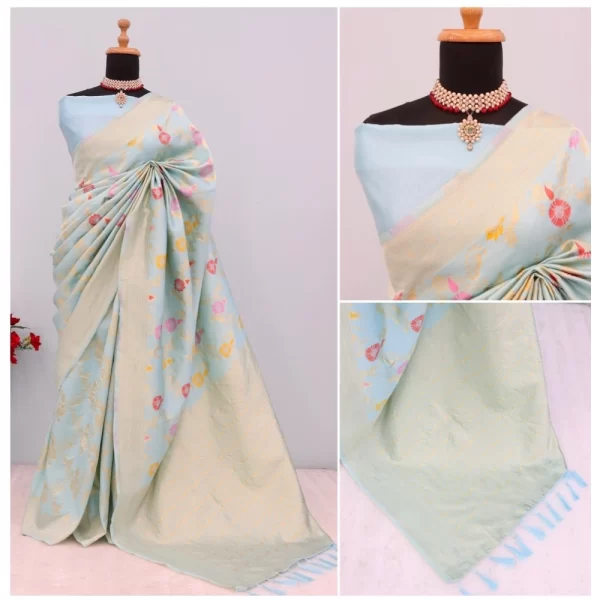 Generic Women's Banarasi Printed Saree With Unstitched Blouse 5.5Mtr (Firozi) - Image 3