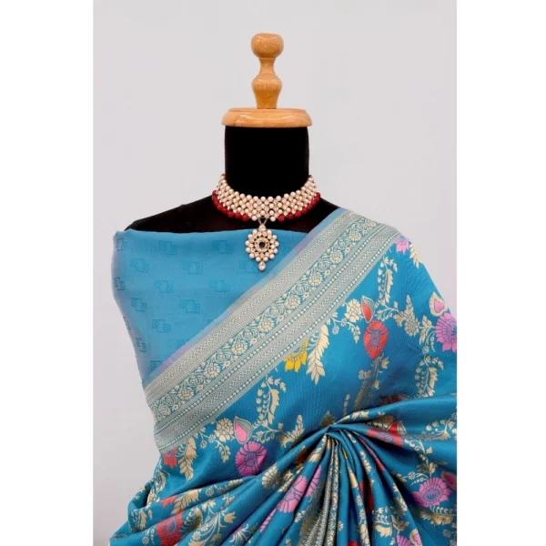 Generic Women's Banarasi Printed Saree With Unstitched Blouse 5.5Mtr (Aqua Blue) - Image 2