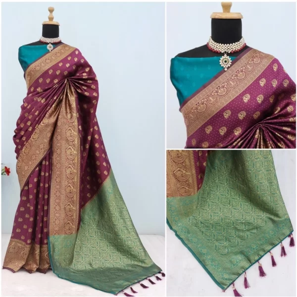 Generic Women's Banarasi Printed Saree With Unstitched Blouse 5.5Mtr (Purple) - Image 2