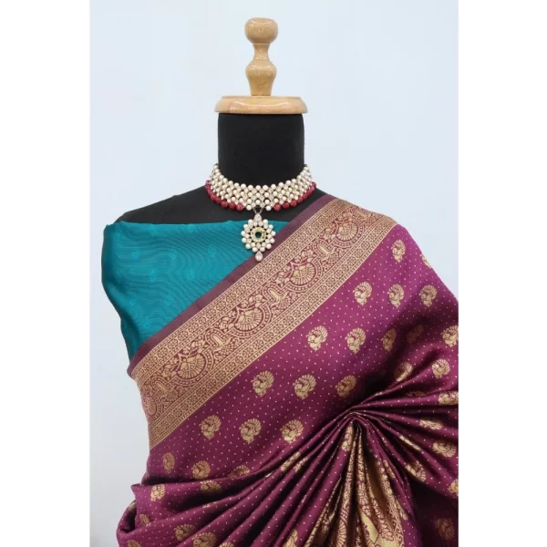 Generic Women's Banarasi Printed Saree With Unstitched Blouse 5.5Mtr (Purple) - Image 3
