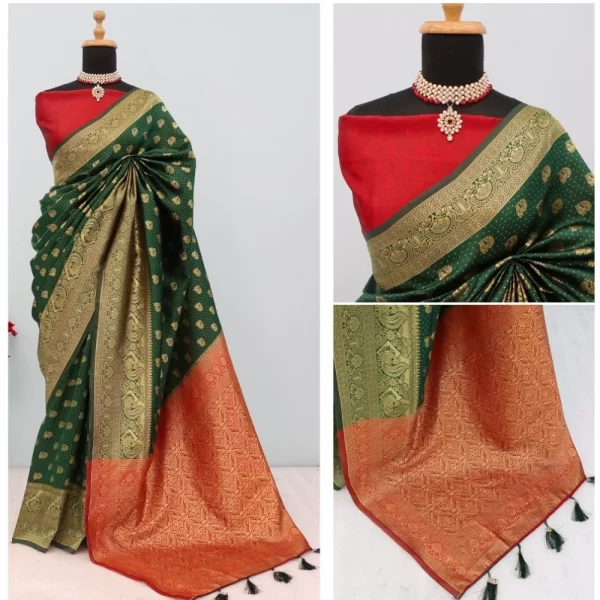 Generic Women's Banarasi Printed Saree With Unstitched Blouse 5.5Mtr (Green) - Image 2