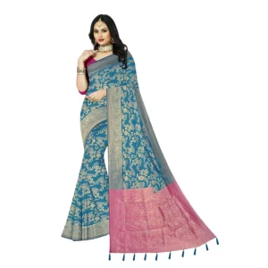Generic Women's Banarasi Printed Saree With Unstitched Blouse 5.5Mtr (Aqua Blue)