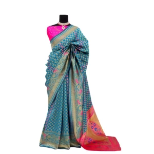 Generic Women's Banarasi Printed Saree With Unstitched Blouse 5.5Mtr (Aqua Blue)