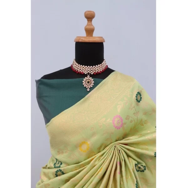 Generic Women's Banarasi Printed Saree With Unstitched Blouse 5.5Mtr (Light Green) - Image 2