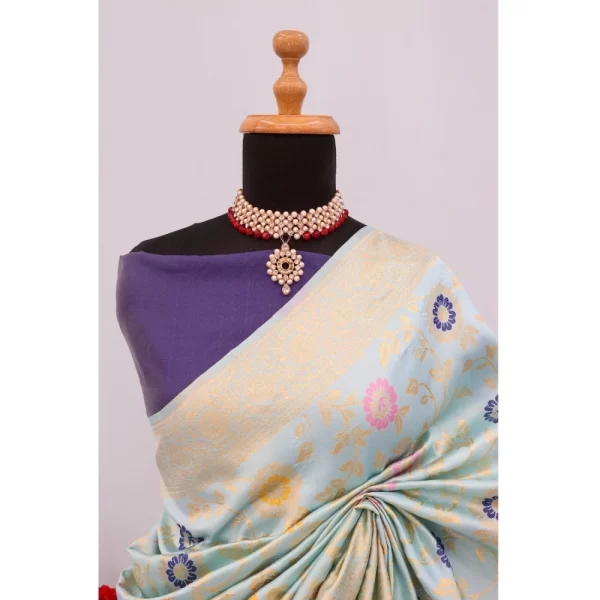 Generic Women's Banarasi Printed Saree With Unstitched Blouse 5.5Mtr (Firozi) - Image 2
