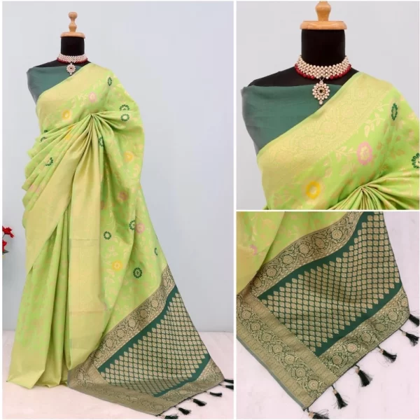 Generic Women's Banarasi Printed Saree With Unstitched Blouse 5.5Mtr (Green) - Image 3
