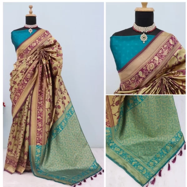 Generic Women's Banarasi Printed Saree With Unstitched Blouse 5.5Mtr (Golden) - Image 3
