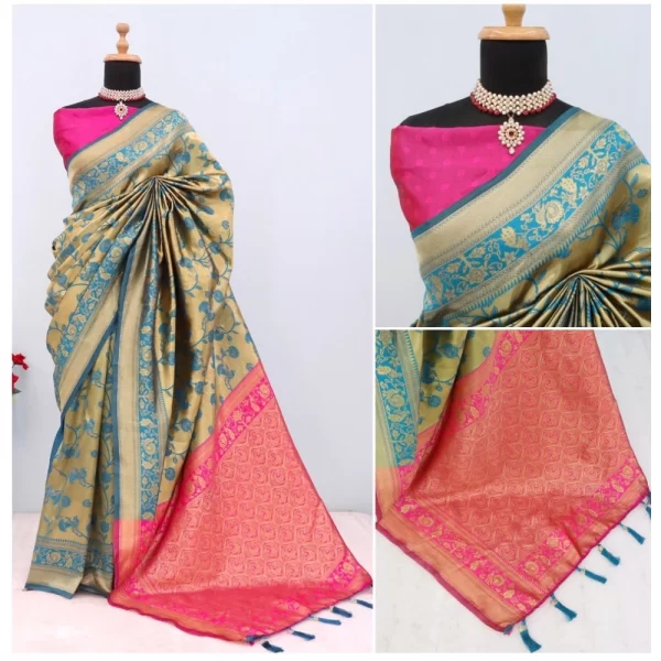 Generic Women's Banarasi Printed Saree With Unstitched Blouse 5.5Mtr (Golden) - Image 3
