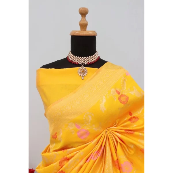 Generic Women's Banarasi Printed Saree With Unstitched Blouse 5.5Mtr (Yellow) - Image 2