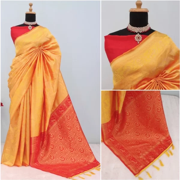 Generic Women's Banarasi Printed Saree With Unstitched Blouse 5.5Mtr (Yellow) - Image 3