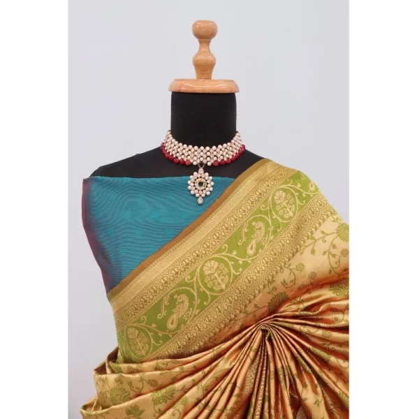 Generic Women's Banarasi Printed Saree With Unstitched Blouse 5.5Mtr (Golden) - Image 3