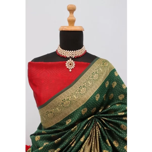 Generic Women's Banarasi Printed Saree With Unstitched Blouse 5.5Mtr (Green) - Image 3
