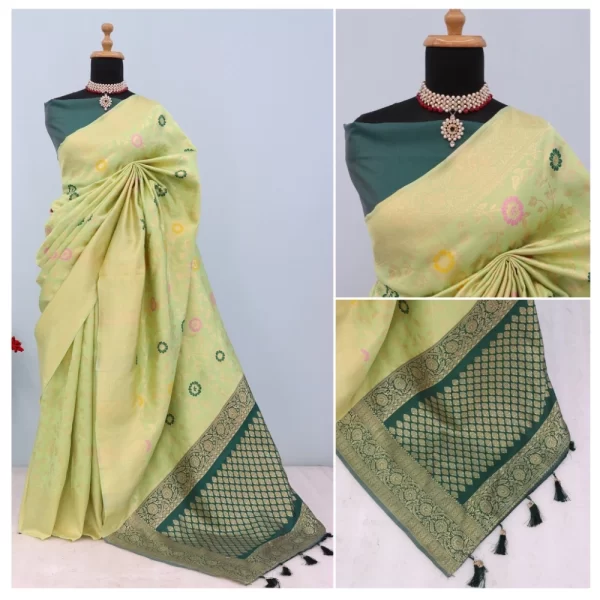 Generic Women's Banarasi Printed Saree With Unstitched Blouse 5.5Mtr (Light Green) - Image 3