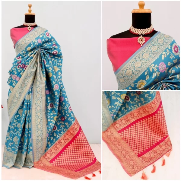 Generic Women's Banarasi Printed Saree With Unstitched Blouse 5.5Mtr (Aqua Blue) - Image 2