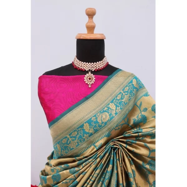 Generic Women's Banarasi Printed Saree With Unstitched Blouse 5.5Mtr (Golden) - Image 2