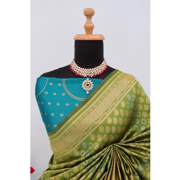 Generic Women's Banarasi Printed Saree With Unstitched Blouse 5.5Mtr (Mehendi Green) - Image 2