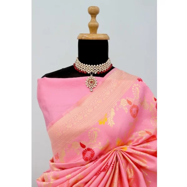 Generic Women's Banarasi Printed Saree With Unstitched Blouse 5.5Mtr (Pink) - Image 2