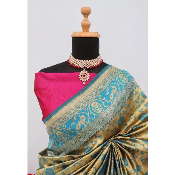 Generic Women's Banarasi Printed Saree With Unstitched Blouse 5.5Mtr (Golden) - Image 2