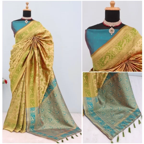Generic Women's Banarasi Printed Saree With Unstitched Blouse 5.5Mtr (Golden) - Image 2