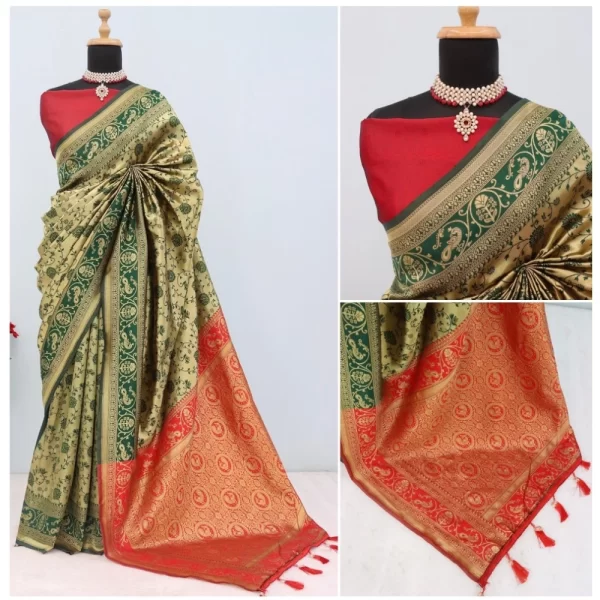 Generic Women's Banarasi Printed Saree With Unstitched Blouse 5.5Mtr (Golden) - Image 2