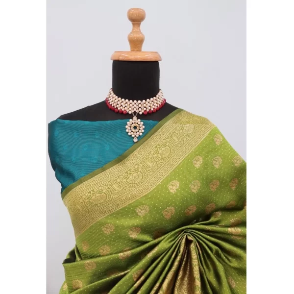 Generic Women's Banarasi Printed Saree With Unstitched Blouse 5.5Mtr (Mehendi Green) - Image 3