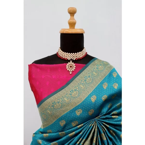 Generic Women's Banarasi Printed Saree With Unstitched Blouse 5.5Mtr (Aqua Blue) - Image 3