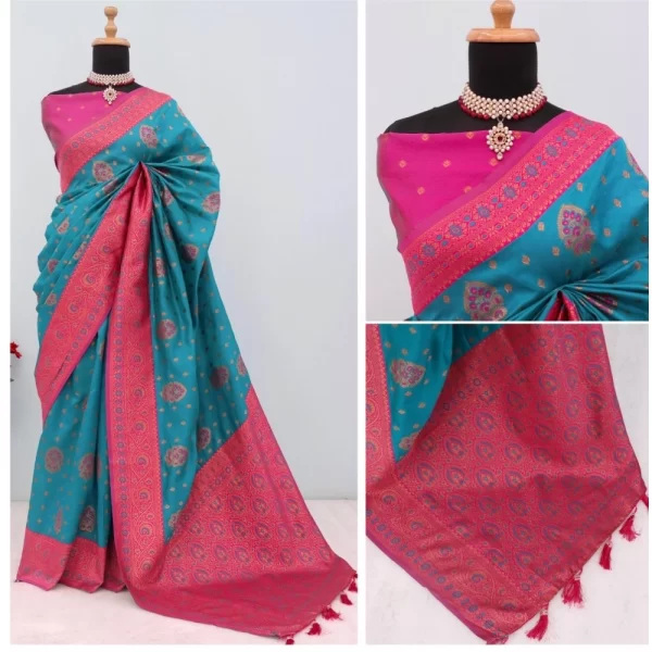 Generic Women's Banarasi Printed Saree With Unstitched Blouse 5.5Mtr (Aqua Blue) - Image 3