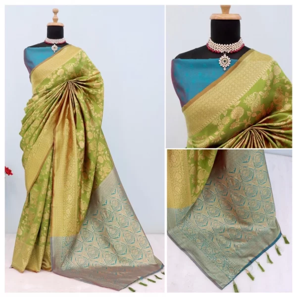 Generic Women's Banarasi Printed Saree With Unstitched Blouse 5.5Mtr (Mehendi Green) - Image 3