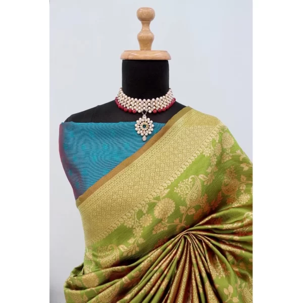 Generic Women's Banarasi Printed Saree With Unstitched Blouse 5.5Mtr (Mehendi Green) - Image 2